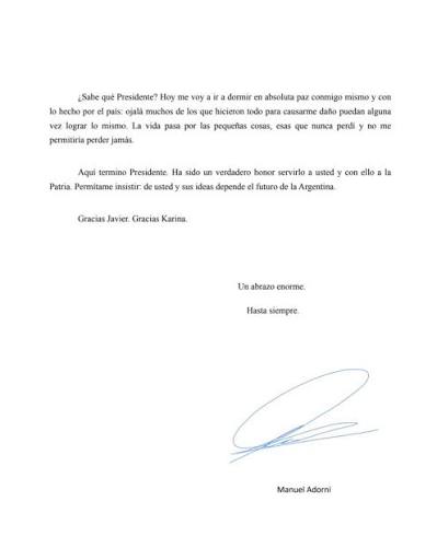 Carta de renuncia de Adorni